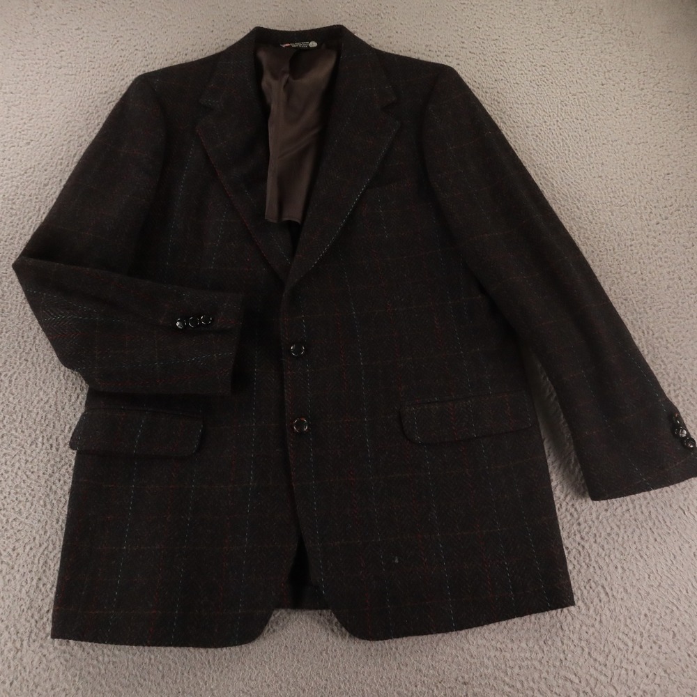 VTG Tweed Jacket M Gray Windowpane‎ Check 100% Wool Blazer Sport Coat USA 42R